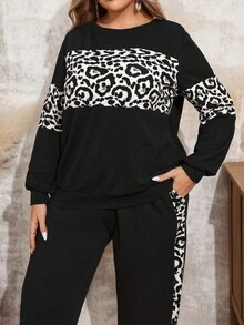 EMERY ROSE 秋季大码休闲豹纹拼布卫衣和运动裤两件套 - 黑色 - 查看 6