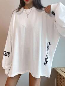 DAZY 标语图案落肩开衩超大 T 恤，奶酪是生活中你想要的东西的隐喻，回到学校服装长袖女式上衣