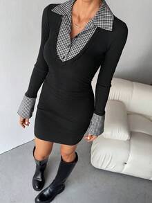 SHEIN Tall Gestricktes College-Stil Schwarz & Weiß Karomuster Patchwork Mini-Kleid für Frauen