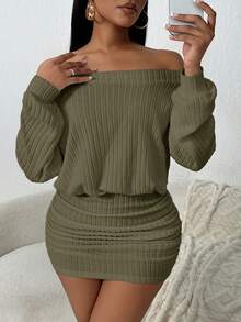 SHEIN SXY Women's Solid Color Off-Shoulder Dropped Shoulder Long Sleeve Ruched Fitted Mini Dress Ribbed Dress Off The Shoulder Long Sleeve Off Shoulder Dress Comfortable Dress Olive Dress Comfortable Two Piece Set One Piece Dress