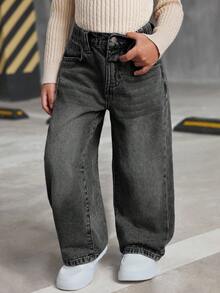 SHEIN 年轻女孩 Y2K 复古蓝色牛仔布毛绒宽腿宽松牛仔裤，羊毛加厚保暖牛仔裤，女孩秋冬装