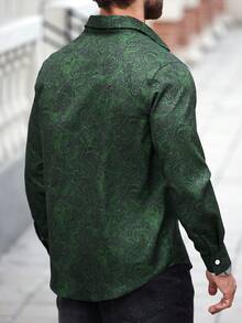 Manfinity Homme 大码男士前扣长袖衬衫，简约休闲衬衫，深绿色男士衬衫，秋季