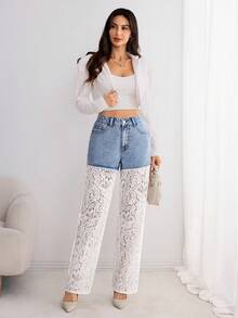 Elenzga Women's Jeans With Lace Patchwork And Hollow-Out Design, Straight Leg, All Season - Light Wash - View 4