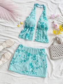 Soleia 新款休闲度假西部海滩婚礼宾客礼服毕业早午餐女装，适合圣帕特里克节、春假、复活节、音乐节等场合，优雅波西米亚热带风情露背两件套 - 藍色 - 查看 3