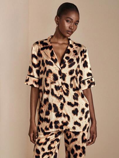 JIAN LASALA Leopard Print Satin Lapel Short Sleeve Button-Up Sleep Tops Women Pajama Top Sleepwear Luxury Stylish Clothing Collection