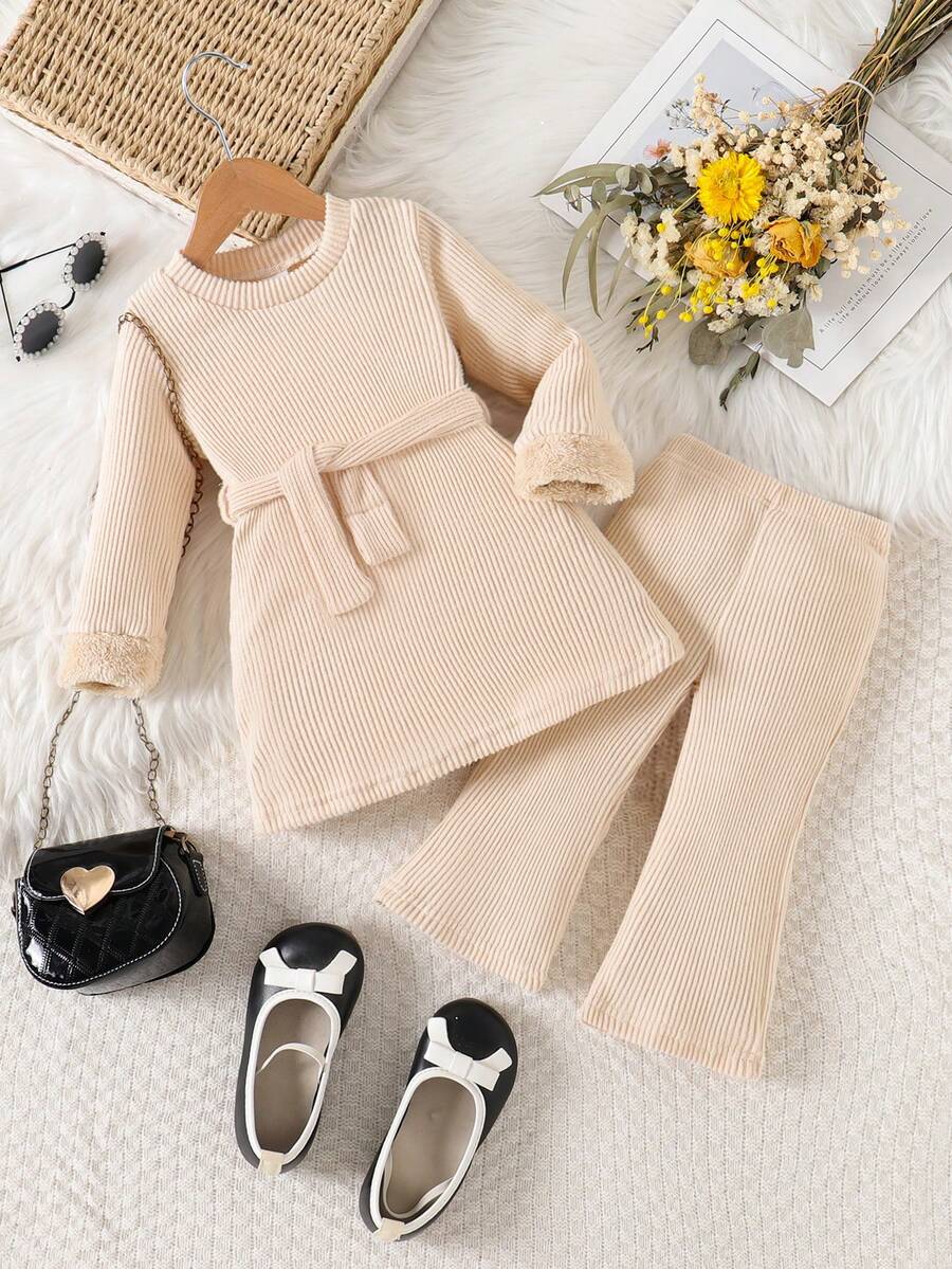 Babygirl 优雅复古时尚毛绒罗纹双面羊毛卡其色长袖圆领松紧腰裤套装 + 腰带,秋冬 - 杏色 - 查看 1