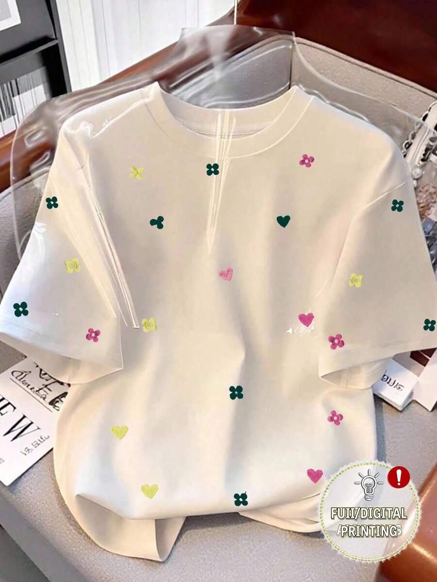 Resyla Women's Casual Floral Embroidered Round Neck T-Shirt