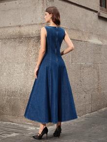 Selenza 女士时尚无袖腰收腰牛仔连衣裙，适合通勤 - 藍色 - 查看 2