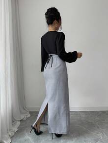 Elenzga Elegancka i modna sukienka midi z marszczeniami, dekoltem w serek, długimi rękawami i bufiastymi rękawami, ściągaczem w talii i ozdobnymi guzikami z przodu, damska sukienka zimowa - Czarne - Zobacz 2