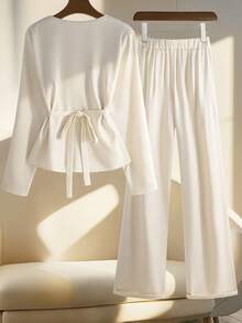 GlowEve Waist Cinching Unique Gorgeous Set (Long Sleeve Top And Pants Two Pieces) - Apricot - View 2