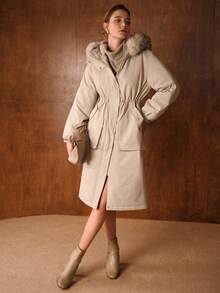 MOTF PREMIUM CASUAL DRAWSTRING WAIST FURRY TRIM HOODED WINTER COAT, AUTUMN/WINTER - Khaki - View 5