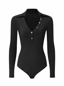 Calvaya 大码翻领前扣长袖修身黑色紧身衣，休闲日常穿着 - 黑色 - 查看 3