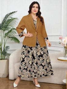 Modelyn 秋冬大码女式优雅佩斯利印花V领无袖连衣裙和西装套装 - 棕色 - 查看 4