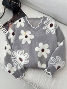 SHEIN Tween 女童时尚休闲花卉 V 领厚针织套头衫，女童浅灰色套头衫，时尚外出，秋冬 - 淺灰色 - 查看 7