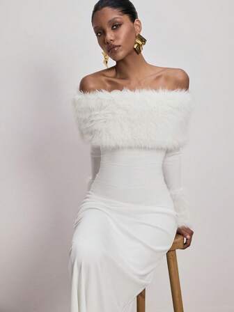 ATUI Studio Women's Fitted Fluffy Splice Off-Shoulder Long Sleeve Maxi Dress, Suitable For Daily Wear, Dates, Trips, Parties, Galas, Graduations, Fashion Autumn, Balls, Carnivals, Street Style, Concerts, Clubs, Date Nights, Birthdays, Autumn/Winter Winter Dress Women