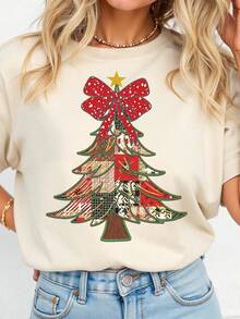 EMERY ROSE Áo thun nữ tay ngắn cổ tròn in hình cây thông Noel - Nhiều màu - Xem 1