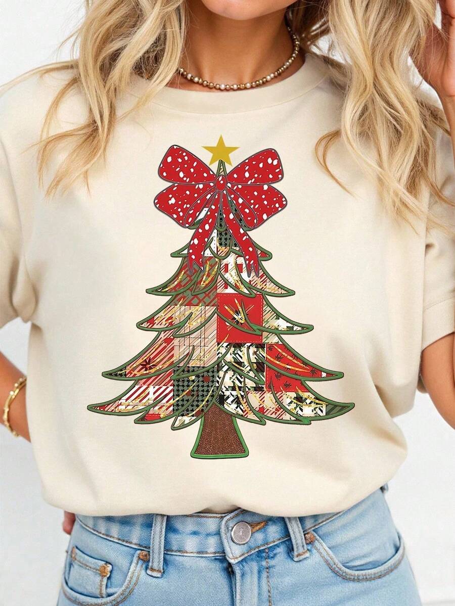 EMERY ROSE Áo thun nữ tay ngắn cổ tròn in hình cây thông Noel - Nhiều màu - Xem 1
