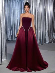 Vowa Váy chữ A xòe siêu dài đính hạt màu trắng sang trọng, phối ren đen thanh lịch, có dây buộc phía sau có thể điều chỉnh, thích hợp cho các buổi hẹn hò, tiệc độc thân, đám cưới, sự kiện, kỳ nghỉ, mùa tựu trường, dạ tiệc trang trọng - Màu Đỏ Sâu - Xem 6