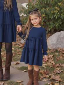 SHEIN Young Girl Solid Round Neck Puff Sleeve Fitted Casual Cake A-Line Dress,Autumn Winter - Navy Blue - View 2