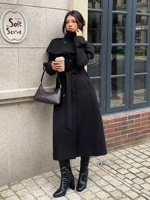 SHEIN EZwear 女士二合一可拆卸披肩斗篷外套，秋冬季 - 黑色 - 查看 6