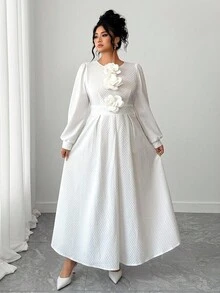 Elenzga Plus Size Women Elegant White Silky Midi Dress For Civil Wedding Bride,Autumn Textured Lace Lantern Sleeve Round Neck With 3D Floral Decor At Chest - White - View 5