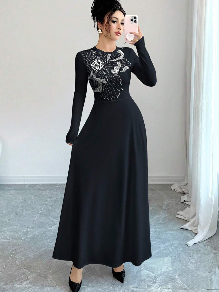 Modelyn Váy chữ A cổ tròn tay dài in hoa bóng dành cho nữ, thắt eo, mùa xuân/thu - Nhiều màu - Xem 1