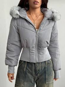 Coolane Women's Winter Streetwear Basic Coat With Flannelette Hat Fuzzy Warm/ Cold Weather/ Thermal Stretchy Tight Waist Black Fur Collar Hat Long Sleeve Padded Coat,Women's Winter Clothes - Grey - View 4