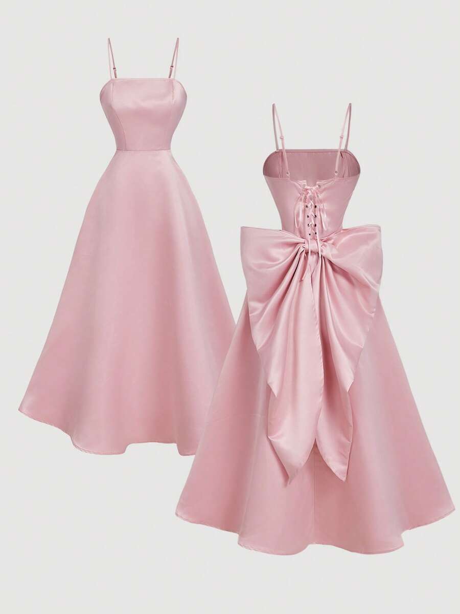 SHEIN MOD 杏色露背蝴蝶结缎面中长连衣裙 - 粉色 - 查看 1