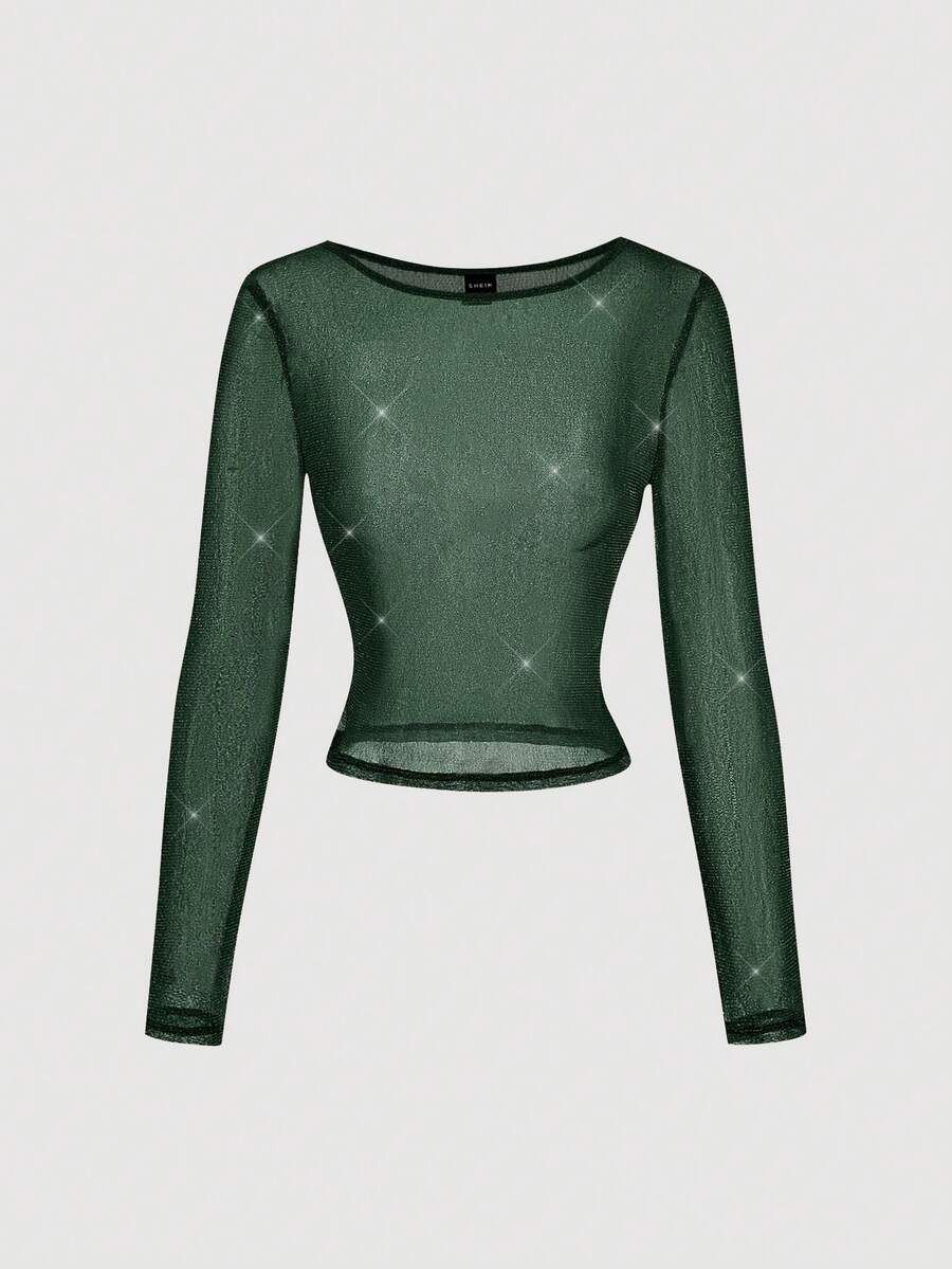 SHEIN MOD Women's Shiny Semi-Sheer Fitted Crew Neck Long Sleeve T-Shirt, Fall/Winter  Party,Elegant, Long Sleeve Mesh Top, See Through Top, Mesh Tops For Women, Green Sequin Top - Dark Green - View 1