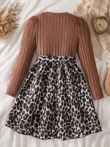 SHEIN 1pc Girls Crew Neck Long Sleeve Ribbed Knit Patchwork Floral Hem Dress, Sweet & Ladylike, Autumn - Brown - View 2