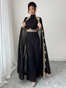 Rafferiza Women's Sequin Patchwork Stand Collar Slit Elegant Jumpsuit - Black - View 7