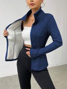 SHEIN LUNE Women's Solid Color Minimalist Everyday Zip-Up Jacket - Navy Blue - View 6