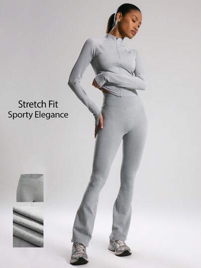 Musera Sport Sport Seamless High Rise Crossover Waistband Flared Trousers, Padel, Tennis, Pickleball Gym Fitness Winter