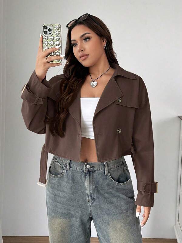 SHEIN EZwear Plus Size Casual Brown Trench Coat With Lapel And Double-Breasted Design, Autumn/Winter