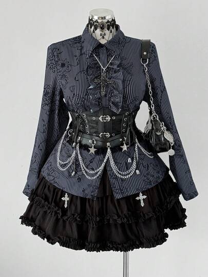 Sunspun Plus Size Women's Retro French Style Casual Striped Collar Patchwork Ruffle Hem Long Sleeve Loose Blouse, Suitable For Back To School, Daily Wear, Dates, Back To School Parties, Holidays