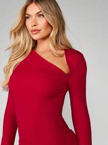 MISSGUIDED Long Sleeve V Neck Mini Dress Bodycon Party Evening Fall Winter Holiday - Burgundy - View 4