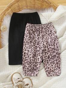 SHEIN Playful Pals 2 Stücke/Set Baby Mädchen Leoparden Muster & einfarbige Leggings, geeignet für drinnen und Outdoor, Frühling/Herbst - Verschiedenfarbig - Übersicht 2