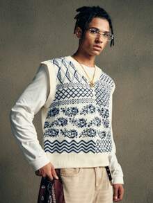 AXEPEAK 男士休闲度假风格拼布图案V领宽松针织毛衣背心，秋季 - 米色 - 查看 5