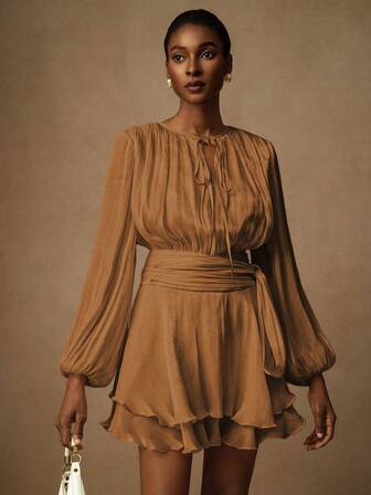 Vesra 杏色系带宽松长袖荷叶边下摆优雅女士迷你连衣裙