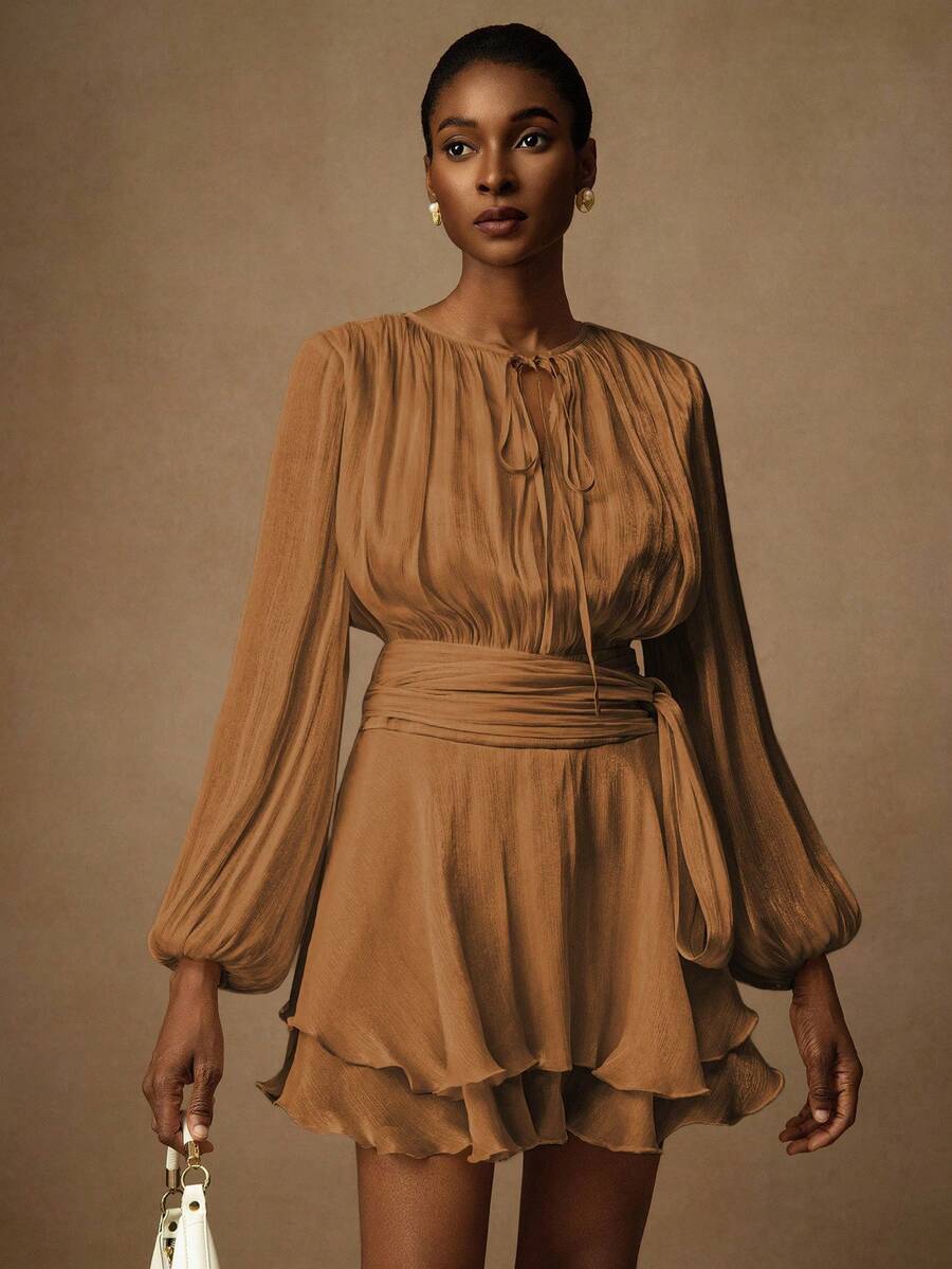 Vesra Gaun Mini Elegan Wanita Warna Aprikot dengan Tali Pengikat, Lengan Panjang, dan Hem Bergelombang, Warna Cokelat Kopi - Coklat - View 1