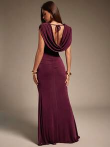 Hauture 女式性感夜场前后围脖领大胆肩部褶饰酒红色连衣裙 - 酒紅色 - 查看 1