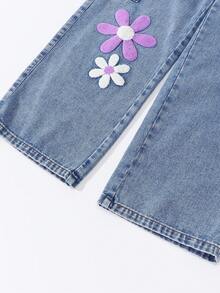 SHEIN ChillGRL 青少年女孩時尚刺繡寬腿工裝牛仔褲，春夏秋冬 Y2K 90年代女孩/幼兒時尚雪花水洗破舊刺繡喇叭褲，紫色 Y2K - 淺色水洗藍 - 查看 5