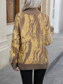 EMERY ROSE Women's Turtleneck Contrast Color Drop Shoulder Long Sleeve Loose Casual Knit Sweater - Mocha Brown - View 2