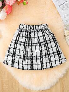 Genkimix Kids 1 件女童黑白格子裙，经典格纹复古时尚设计，两侧饰有可爱的黑色领结，百褶裙摆，适合学校活动、节日、春秋季日常穿着 - 白色 - 查看 2
