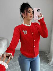 Elenzga Áo khoác cardigan nữ thanh lịch phối ren hoa, thích hợp mùa thu/đông, có khuy cài và nơ đính đá, áo len chui đầu sang trọng cho tiệc tùng và Giáng sinh/Năm mới, màu đỏ. - Đỏ - Xem 6