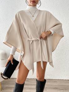 SHEIN PETITE 时尚、简约、休闲、百搭的女士罩衫，杏色，优雅女士大衣。 - 杏色 - 查看 4