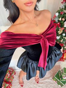 Chiquease Women's Color-Blocked Velvet Bow-Tie Off-Shoulder Hollowed-Out Short Dress,Elegant Black Autumn Banquet Christmas Clothing,Elegant Night Out Dress - Red and Black - View 4