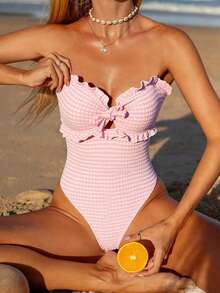 Swim Mod Women's Fashionable & Cute Beachwear, Special Fabric Plaid Flounce Halter Mod One-Piece Swimsuit, Suitable For Resort, Party, Yacht, Spring/Summer - Pink - View 1