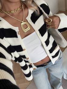 SHEIN EZwear 女式黑色和米色条纹针织开衫，宽松长袖，秋冬 - 黑與白 - 查看 5