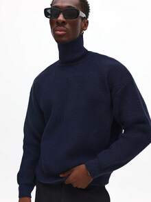 Suéter de cuello alto tejido de ajuste relajado de SUMWON para invierno y otoño, cómodo y casual - Azul - Ver 3